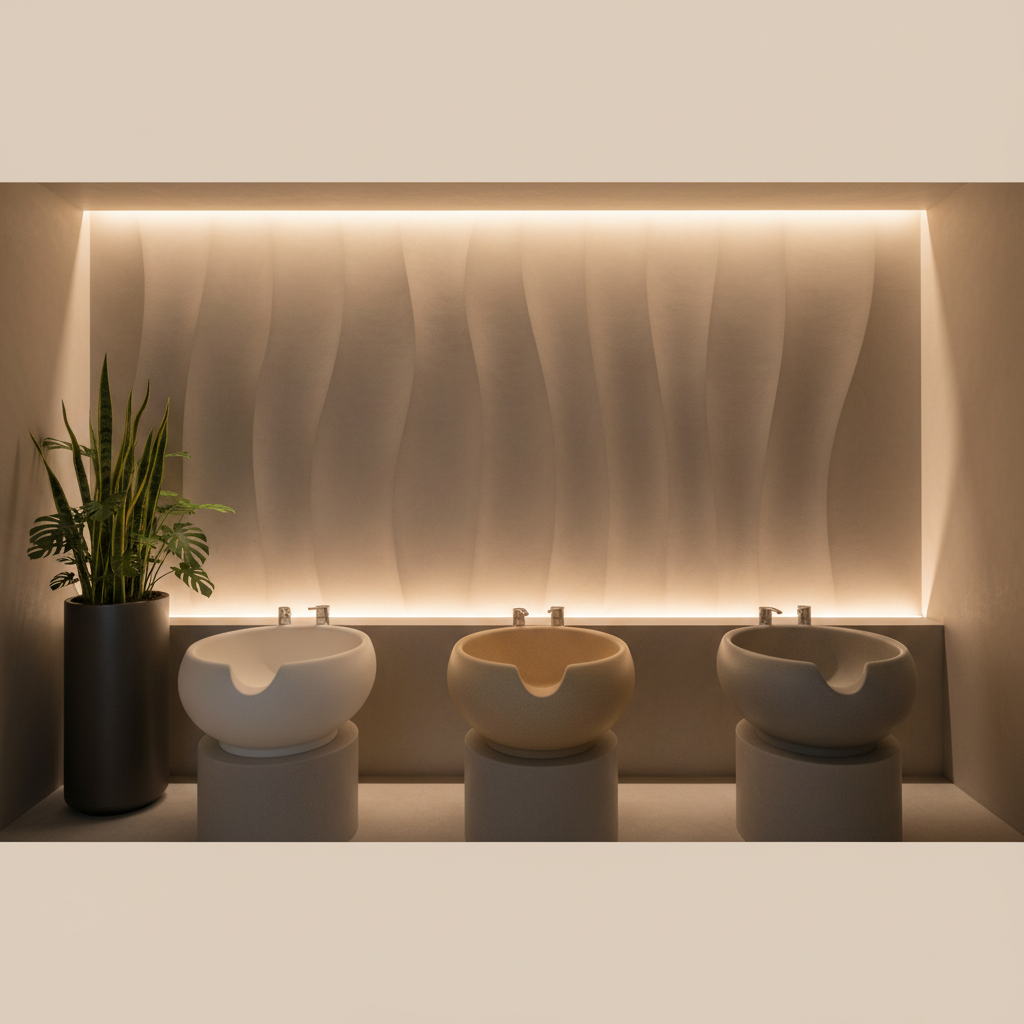 An elegant set of muted ceramic basins designed for head spa treatments, each with a smooth, satin finish and soft natural tones, aligned in a serene, private alcove. The wall behind features subtle, undulating texture reminiscent of fine spa environments, washed in indirect, warm ambient lighting that creates gentle shadows and a calming gradient. Green, minimalist botanicals in a matte planter add a touch of nature. Captured from an eye-level angle with balanced composition, the image radiates tranquility and exclusivity, aligning with sophisticated photographic realism and a calming, restorative mood.