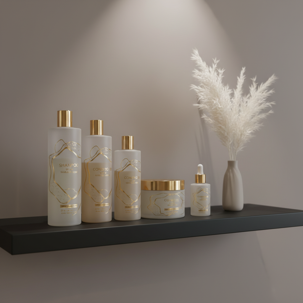 An array of luxurious hair care products displayed on a sleek matte-black salon shelf, each bottle crafted from frosted glass with minimal gold foil accents. The arrangement sits against a muted taupe wall with a subtle gradient, complemented by a slim vase of dried white pampas for elegant texture. Gentle diffused overhead lighting imparts delicate highlights along the contours, casting refined, understated shadows. The composition is carefully balanced using the rule of thirds, with a sharp foreground and softly blurred background for depth. The overall mood is serene and inviting, aligning with a minimalist, photographic realism that communicates sophistication and high-end beauty care.