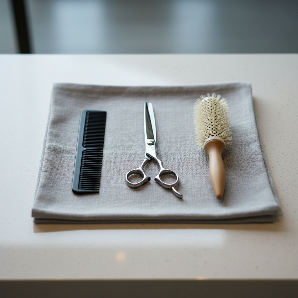 A close-up of a pristine set of professional salon tools artfully arranged atop a smooth, dove-gray linen towel. The tools include polished stainless steel scissors, a fine-tooth ebony comb, and a ceramic round brush with creamy ivory bristles, all carefully spaced for symmetry. The background is a softly lit, uncluttered countertop with slight reflection, imparting a sense of order and elegance. Cool, diffused natural light from the side softly highlights each tool, emphasizing textures and material quality. Shot at a bird’s eye view with a shallow depth of field, the composition is minimalist and refined, exuding quiet confidence and expert craftsmanship.