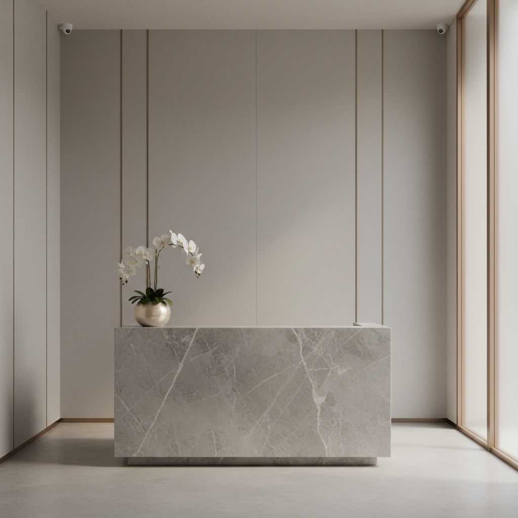 A refined, minimalist salon reception counter made from polished gray marble with subtle white veining, adorned only by an elegant silk orchid arrangement in a pearly ceramic vase. The counter sits in an airy, uncluttered entryway with pale, matte walls accented by thin brushed-bronze lines. Ambient daylight streams softly through frosted glass panels, creating gentle gradients of light and shadow on the surfaces. The image is captured from a slightly elevated, wide-angle perspective, with a centered composition exuding calm and exclusivity. The mood is composed and sophisticated, matching the salon's upscale identity through photographic realism and muted, subtle color palette.