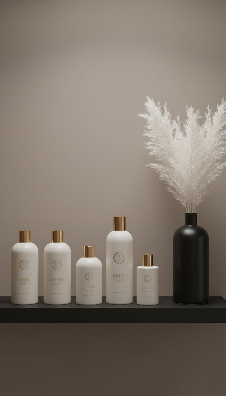 An array of luxurious hair care products displayed on a sleek matte-black salon shelf, each bottle crafted from frosted glass with minimal gold foil accents. The arrangement sits against a muted taupe wall with a subtle gradient, complemented by a slim vase of dried white pampas for elegant texture. Gentle diffused overhead lighting imparts delicate highlights along the contours, casting refined, understated shadows. The composition is carefully balanced using the rule of thirds, with a sharp foreground and softly blurred background for depth. The overall mood is serene and inviting, aligning with a minimalist, photographic realism that communicates sophistication and high-end beauty care.