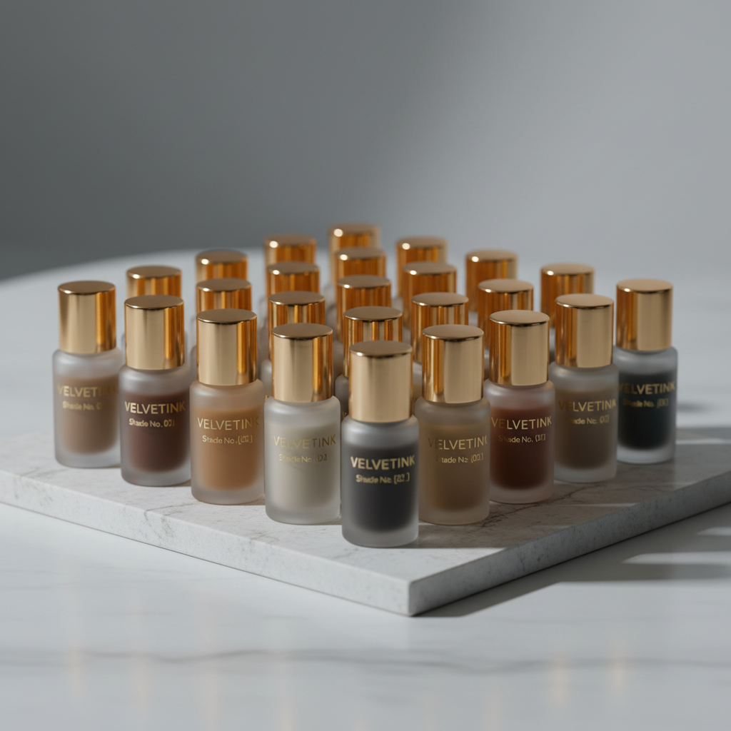 A display of luxurious microblading pigments in minimalist frosted-glass vials, arranged meticulously atop a pale stone slab with delicate marbling. A backdrop of soft, light gray with barely-there gradients emphasizes the purity and precision of the products. Focused, cool-toned studio lighting creates intricate reflections and subtle shadows, enhancing the vials’ refined lines and elegant composition. Photographed at a low, intimate angle with pronounced focus on the textures and details, the mood is one of quiet expertise and exclusiveness, in keeping with the salon’s elevated, sophisticated image.